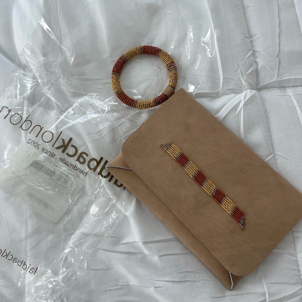 Beaded Accent Tan Suede Wristlet Clutch